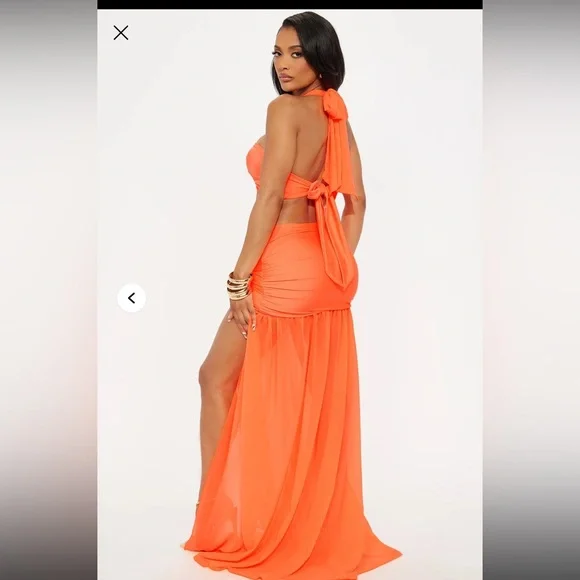 Vibrant Orange Halter Maxi Skirt Set - Picture 3 of 4